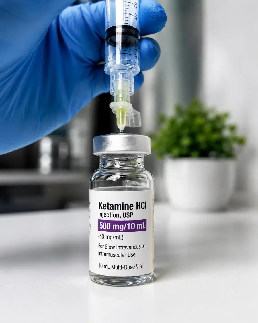 Medical ketamine vial handled by clinical staff during supervised treatment